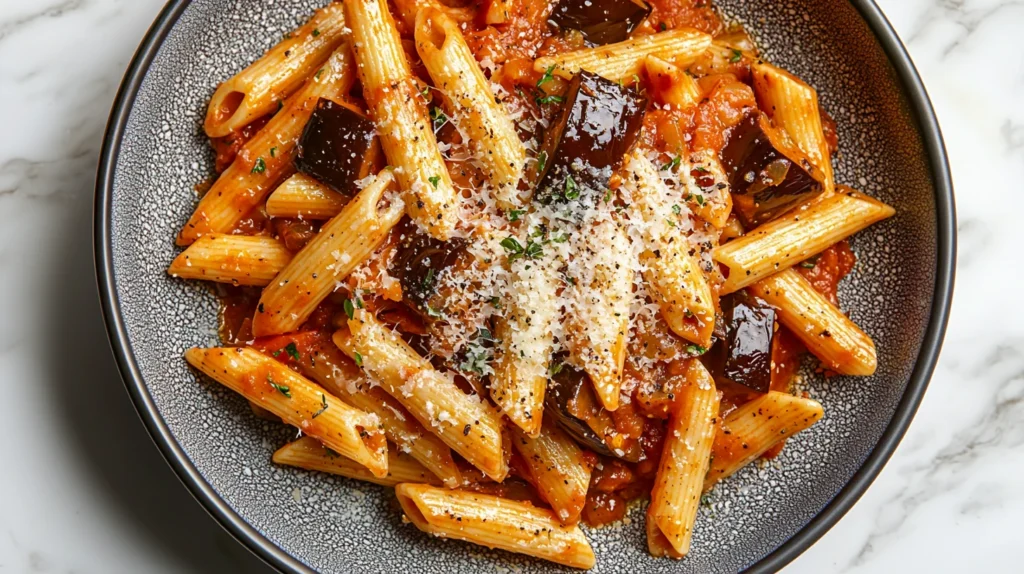 Penne z pieczonym bakłażanem i sosem pomidorowym
