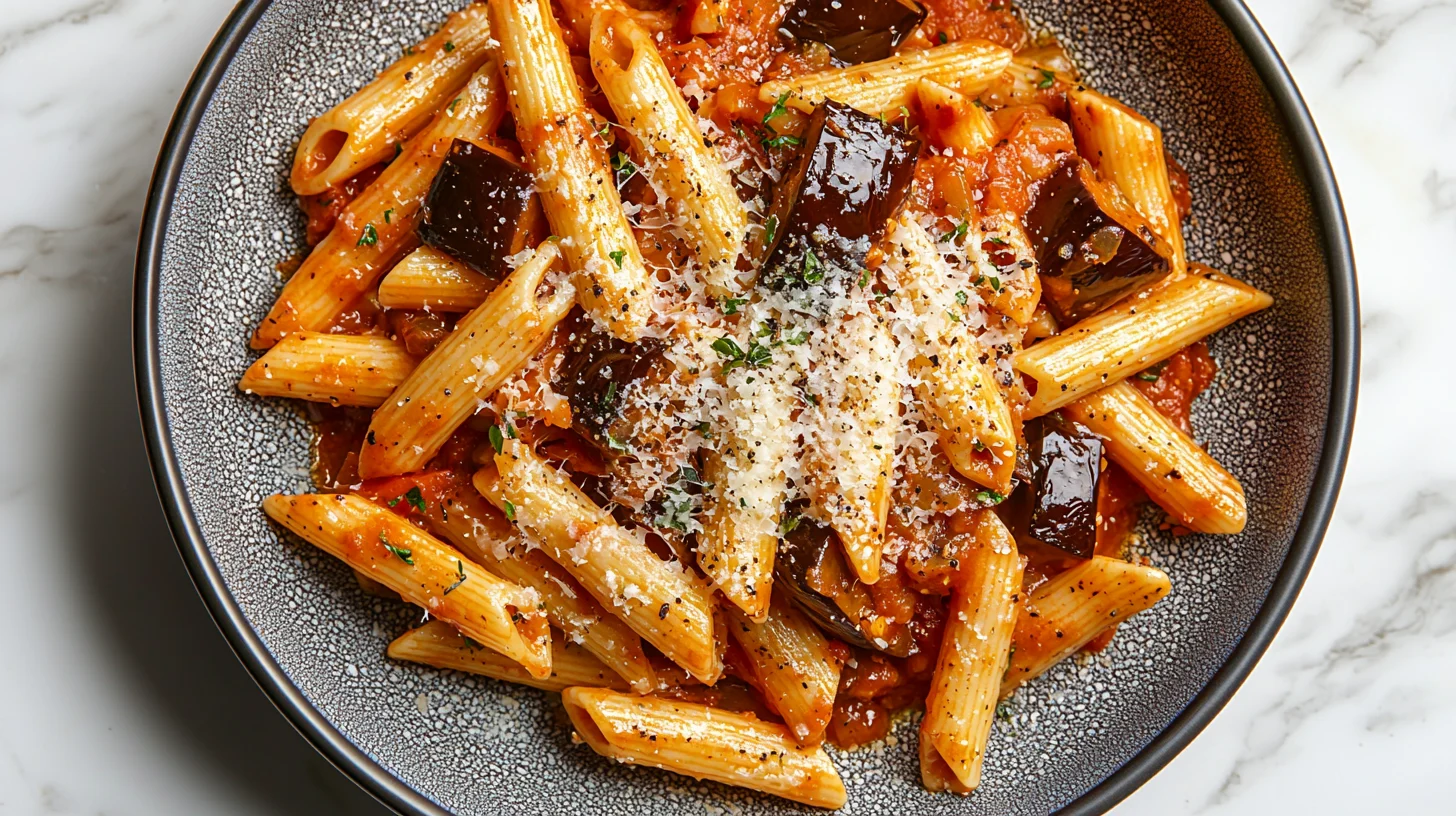 Penne z pieczonym bakłażanem i sosem pomidorowym