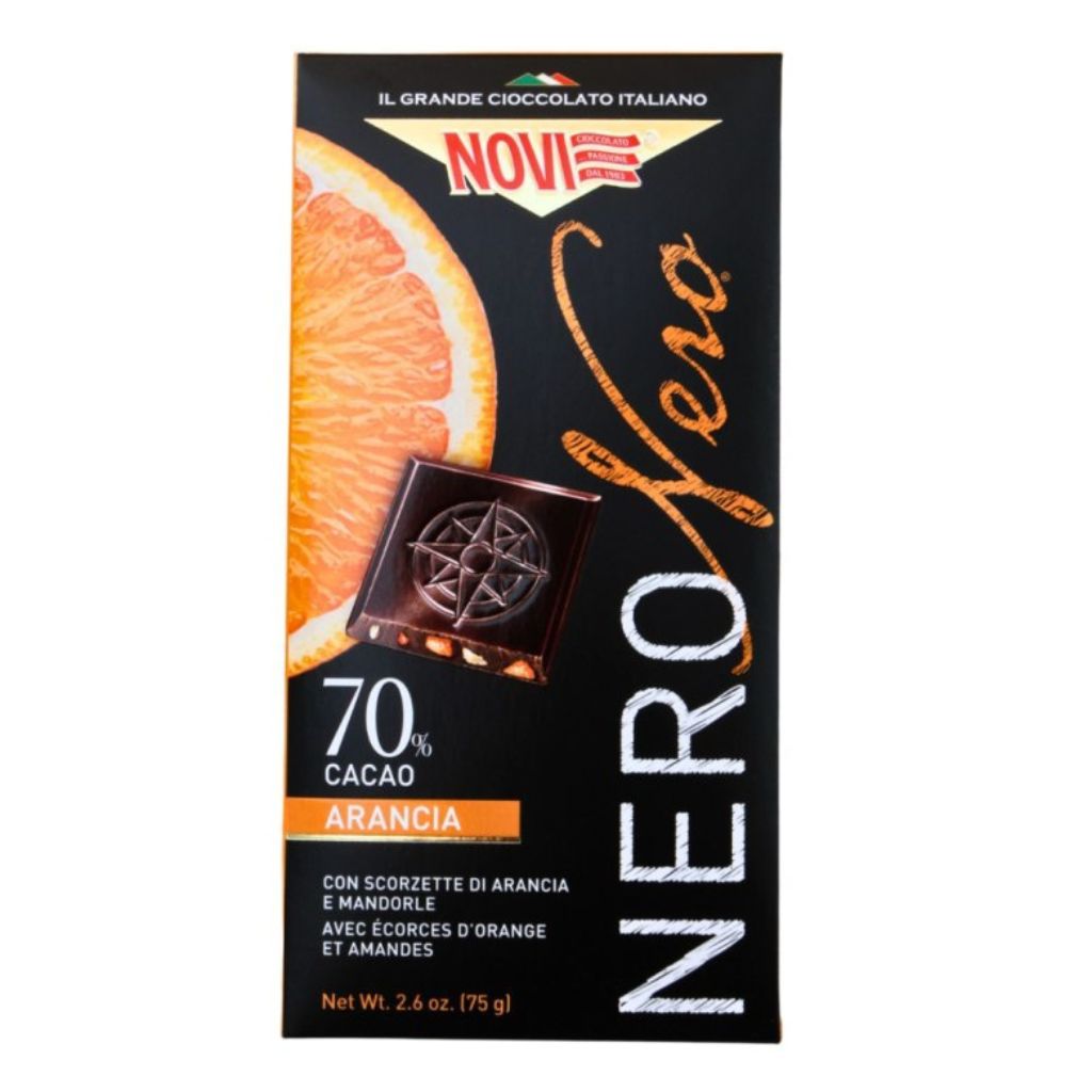 Czekolada z 70% Cacao z kawałkami pomarańczy i migdałów 75g Novi - obrazek 1